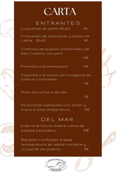CARTA ENTANTRES - Posada Santa Rita Menú de entrantes tradicionales y caseros en Posada Santa Rita, ideal para disfrutar en un ambiente.